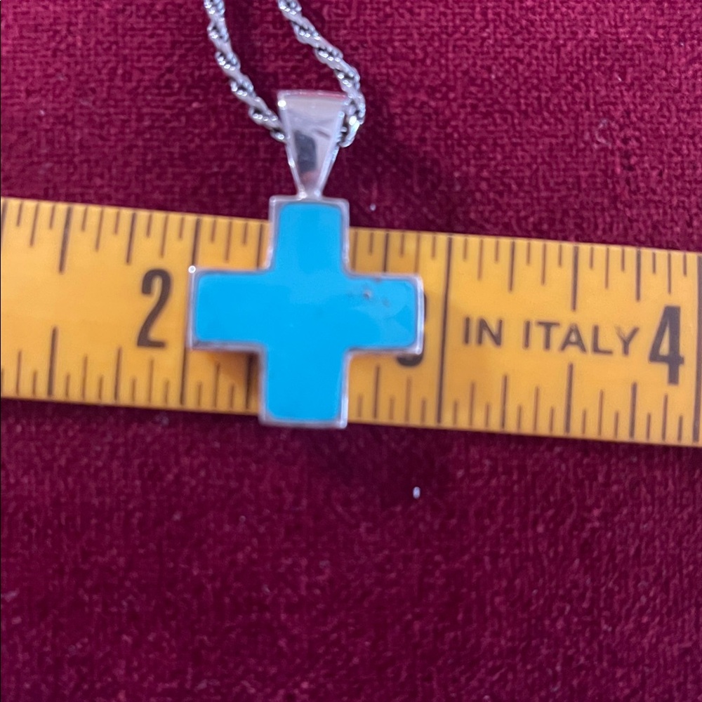 Sterling and Turquoise Cross Pendant Necklace - Picture 3 of 5